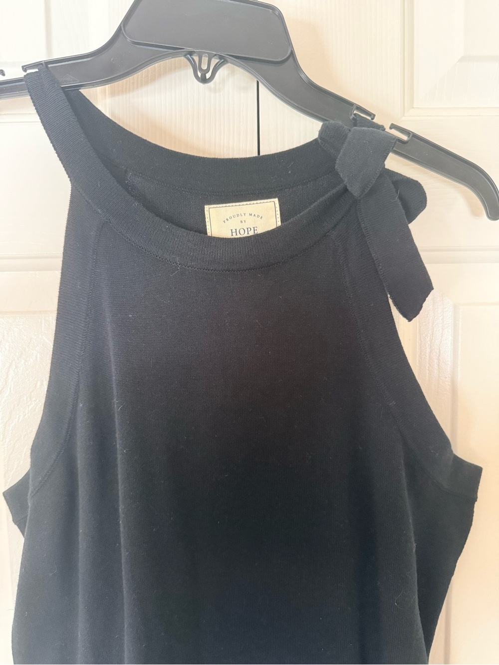 Hope & Henry Minimalist Black Midi Body Con Dress with Bow on Shoulder - Picture 4 of 5